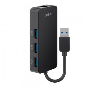 Black Belkin USB 3.0 3-Port Hub with Gigabit Ethernet Adapter | CZNQD1326